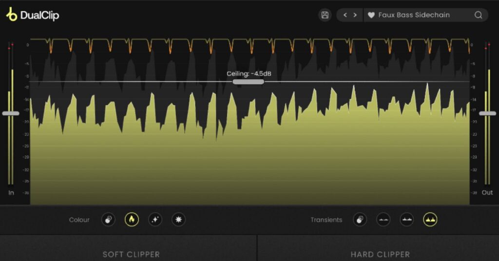 Screenshot of DualClip plugin by Plugin Boutique showing soft and hard clipper sections with waveform display.