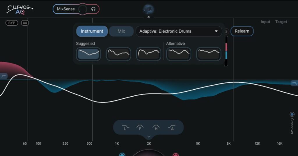 Screenshot of the Waves Curves AQ plugin interface showing its AI-powered EQ curve and real-time frequency analysis in a digital audio workstation.