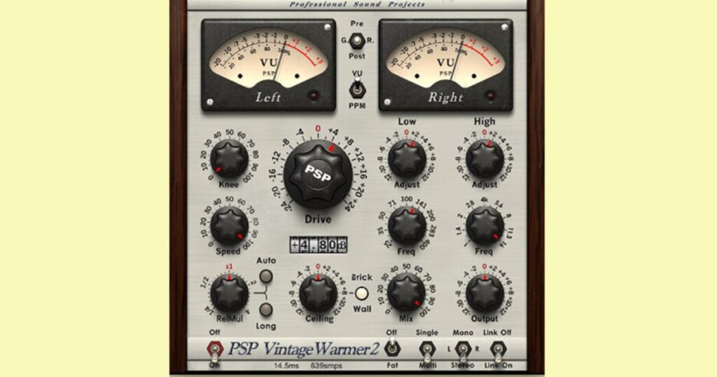 Screenshot of PSP VintageWarmer2 plugin interface showing analog-style audio saturation and compression controls