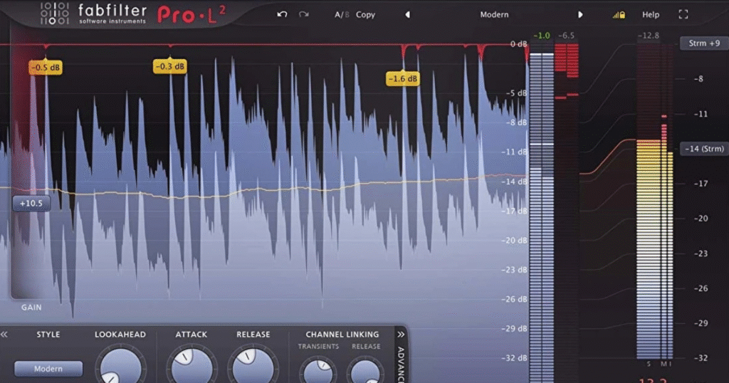 FabFilter Pro-L 2 plugin interface showing limiter settings and real-time metering.