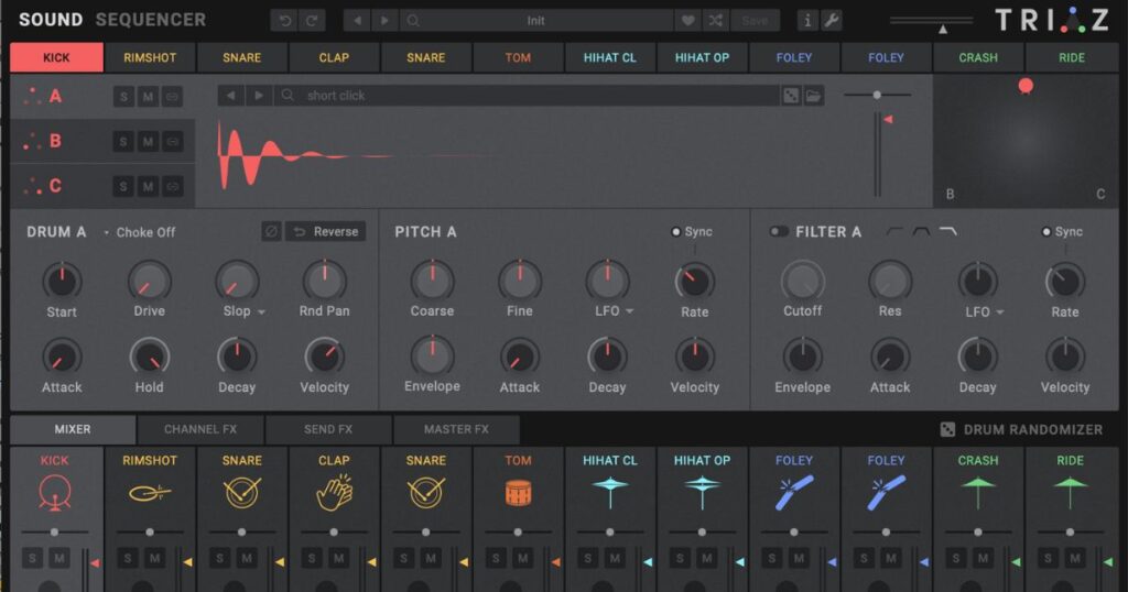 Wave Alchemy Triaz Player Free VST plugin interface showing 16 drum pads, built-in effects, and a modern sampler layout in a DAW environment